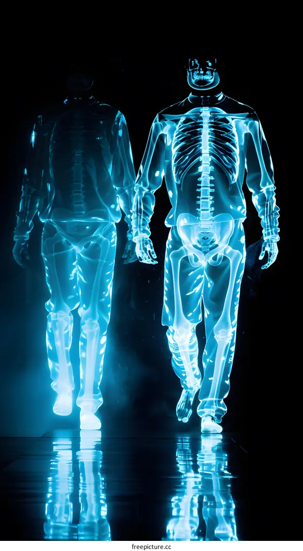 Two Skeletons Walking in Blue Light