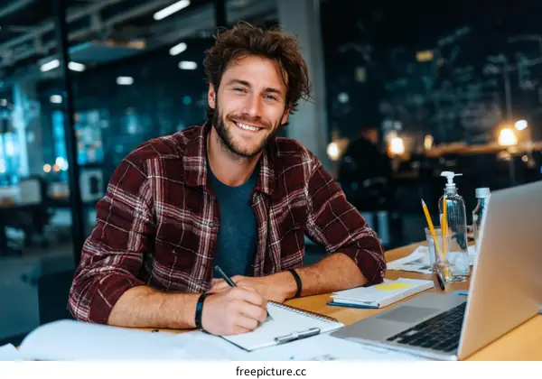 Smiling Man Working in a Modern Office