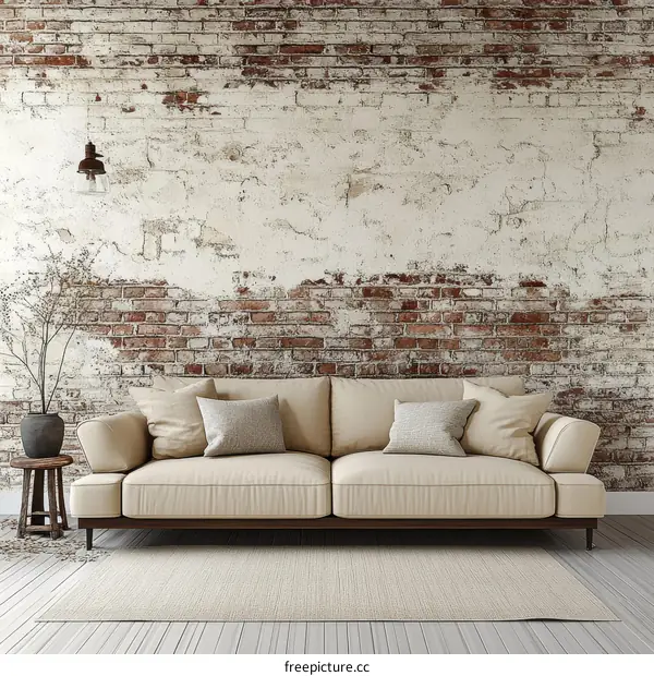 Beige Sofa in Front of a Distressed Brick Wall Interior Scene