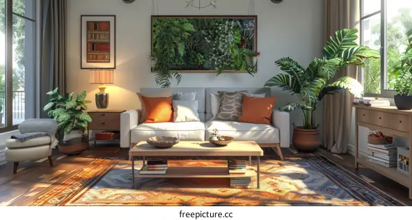 A bright and airy living room with a large oriental rug, plants, and a comfortable couch.