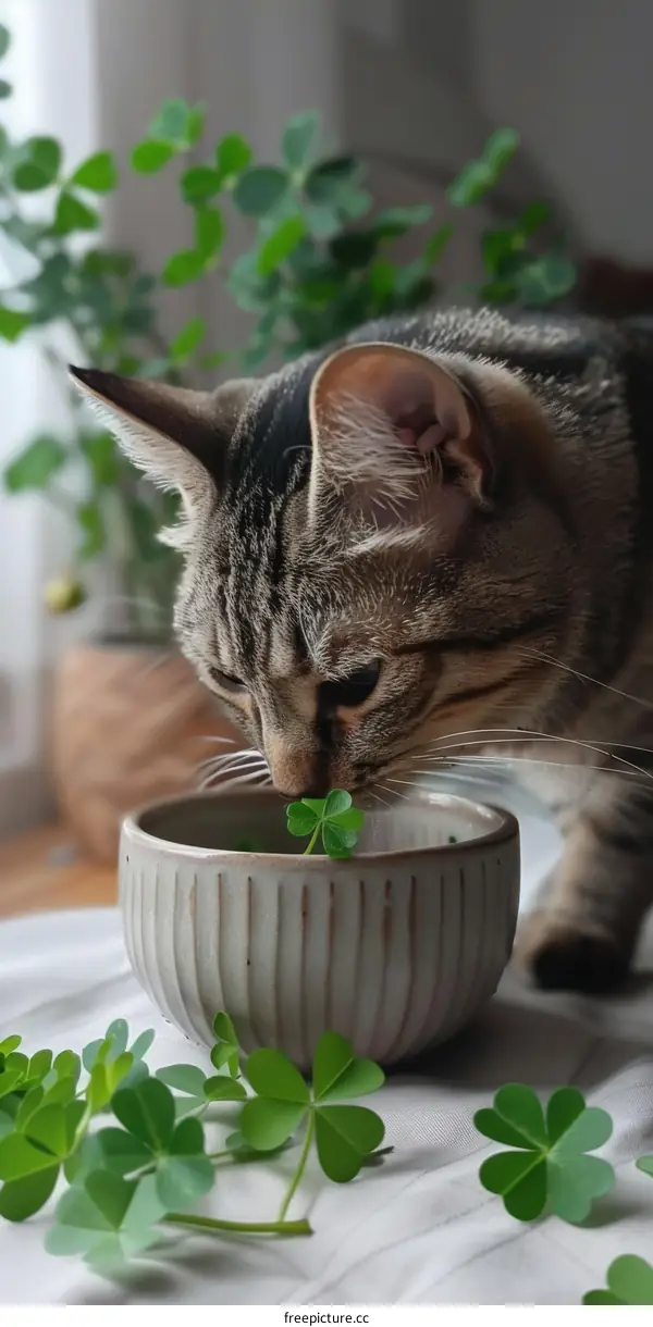 A cat eats four-leaf clovers