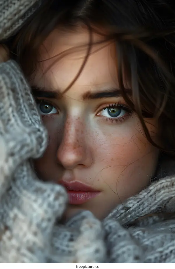 portrait of a young woman with freckles and blue eyes
