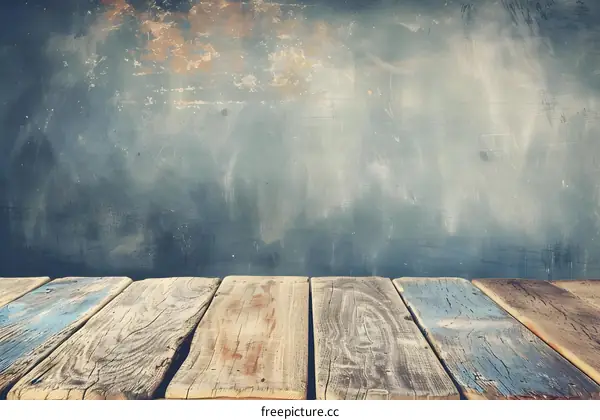 Old Wooden Plank Surface Against Vintage Grunge Wall