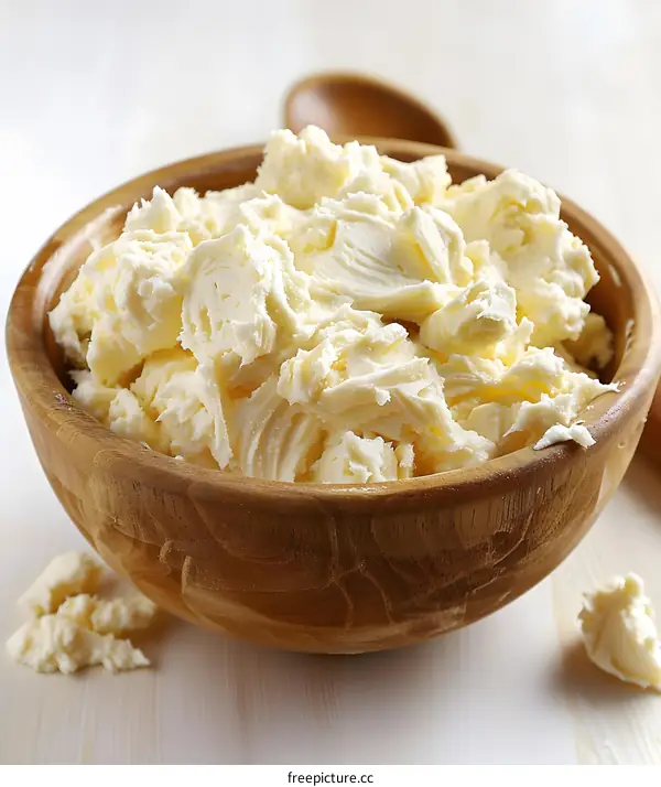 Close-up of cream cheese in wooden bowl