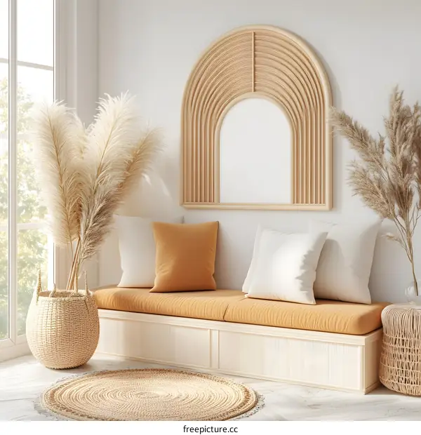Minimalist Living Room with Wooden Arch Wall Decor