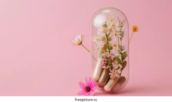 Herbal Supplements in Capsule with Flowers on Pink Background