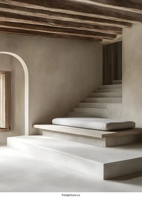 Minimalist Interior Design With Concrete Steps And Wooden Beams