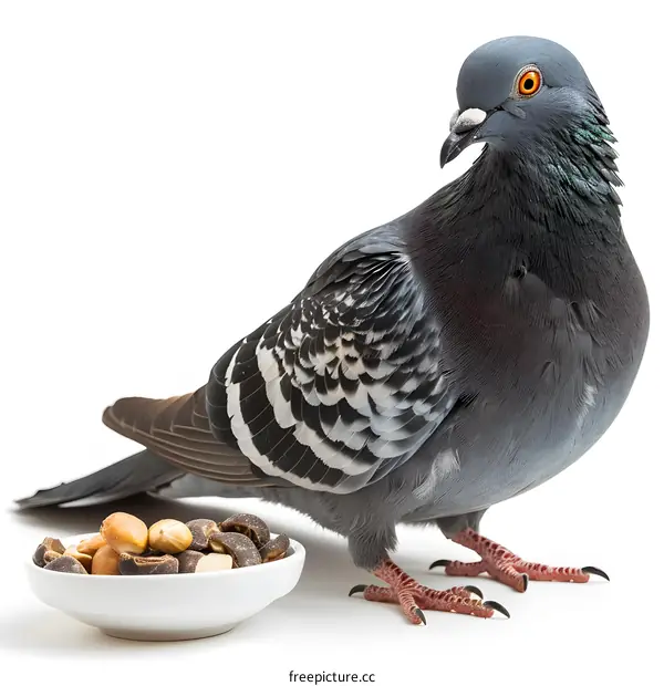 Pigeon with nuts on a white background