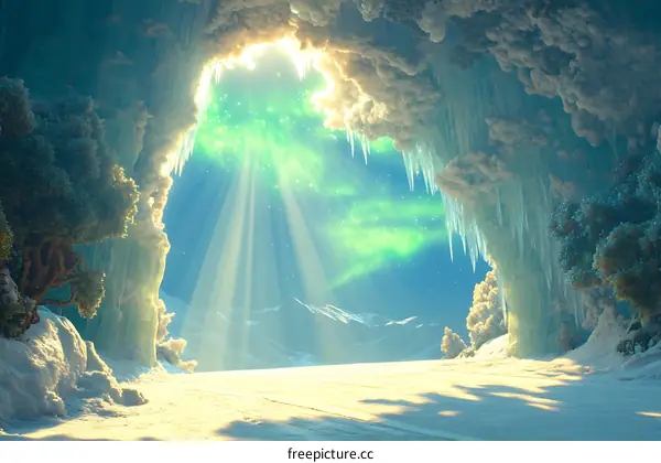 Snowy Cave Entrance with Aurora Borealis and Sunbeams