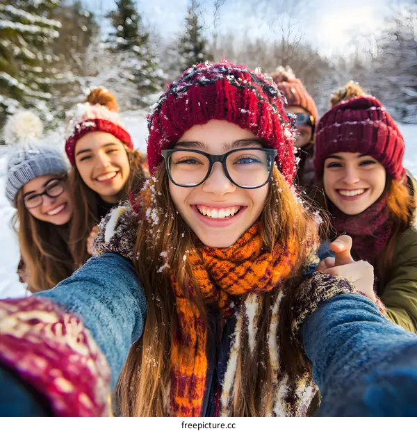Group of Friends Taking Selfie in Snowy Winter Forest