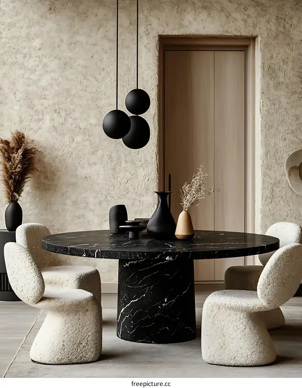 Modern Dining Room with Black Marble Table and Cream Chairs
