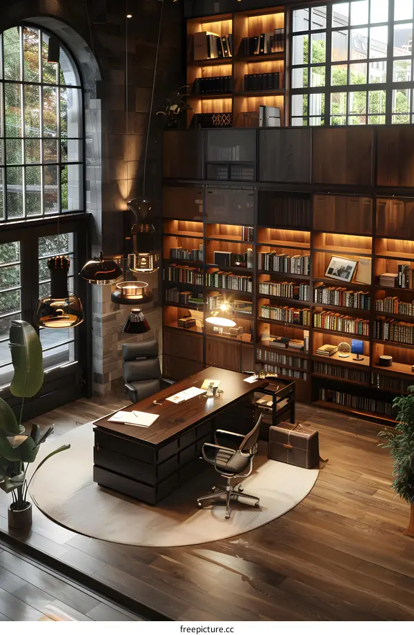 Modern home office library with bookshelves and large windows