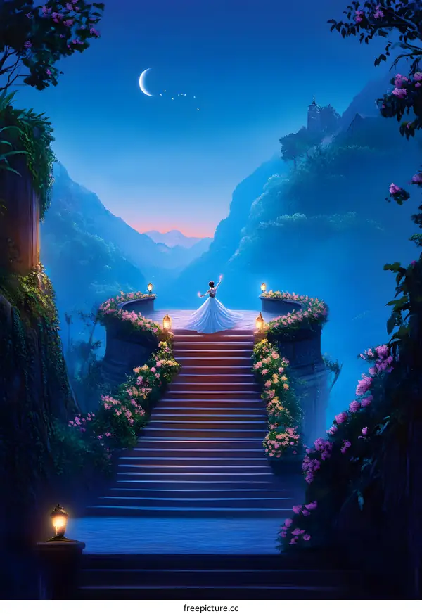 Woman in White Dress Stands on Stairs in Fantasy Landscape