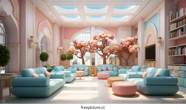 A beautiful living room with a lot of pink and blue furniture and decorations