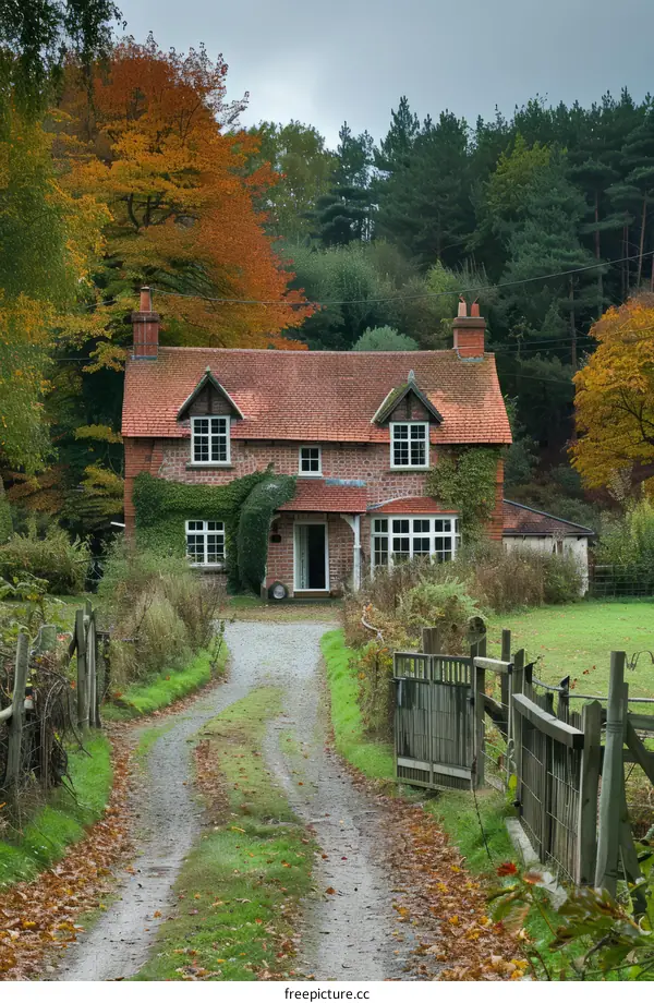 Charming English Country Cottage with Red Roof and Autumn Foliage