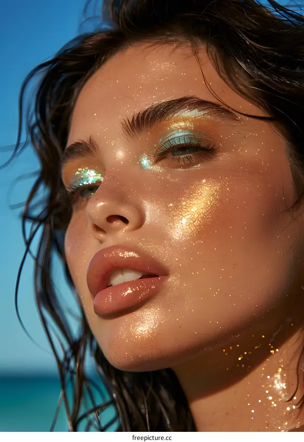 Close up portrait of a woman with glitter on her face