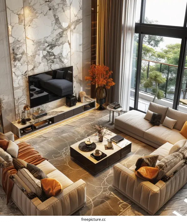 Modern Minimalist Living Room with White Marble Feature Wall