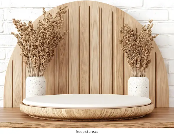 Minimalist Wooden Podium with Dried Flowers and White Brick Wall Background