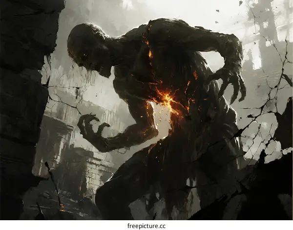 Bloody Zombie Creature with Flaming Chest in Damaged City