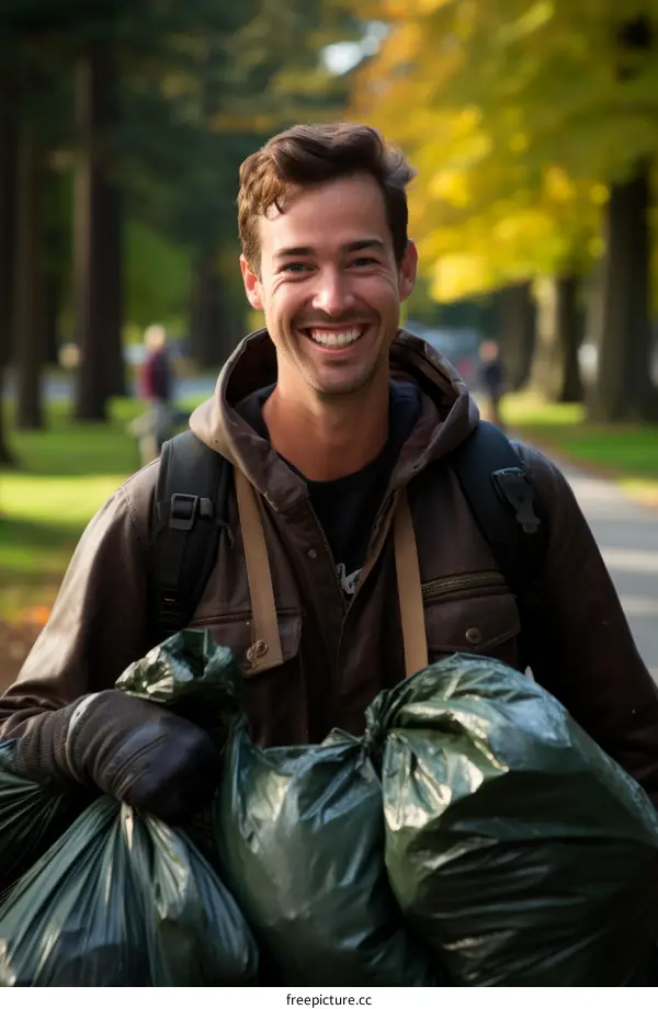 Young man picking up litter in the park