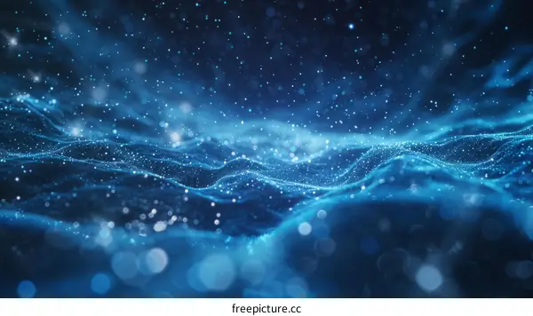 Blue Wavy Sci-Fi Futuristic Background with Glowing Light Particles