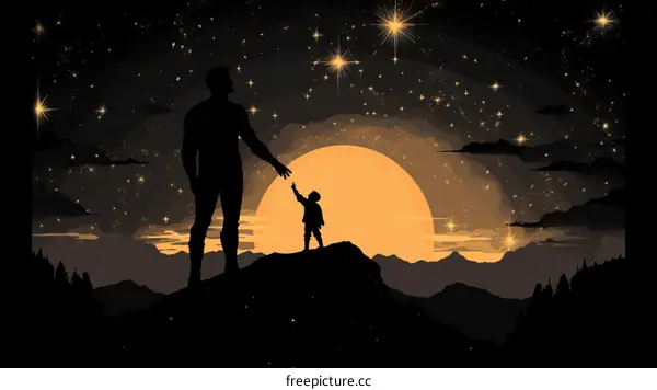 Father and son reaching for the stars