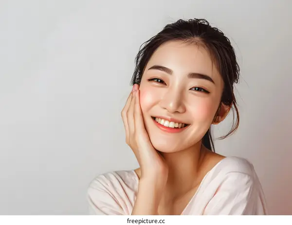 Smiling Asian Woman With Pink Blush Portrait