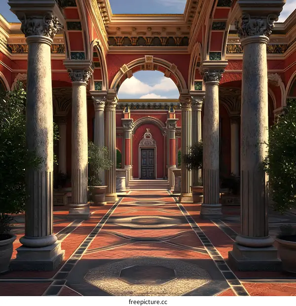Classical Architecture Courtyard with Red Walls and Stone Columns