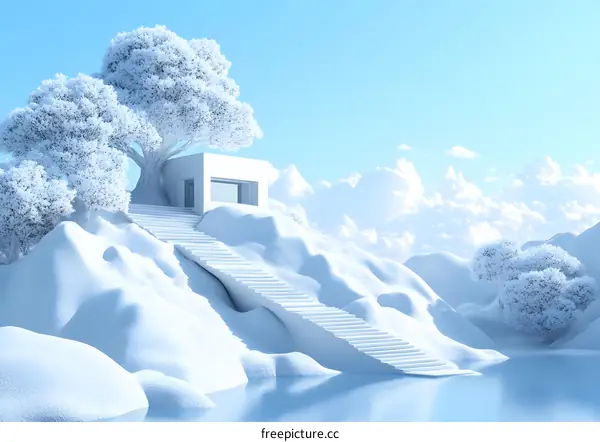 White Minimalist House on Snowy Hill with Steps and Trees