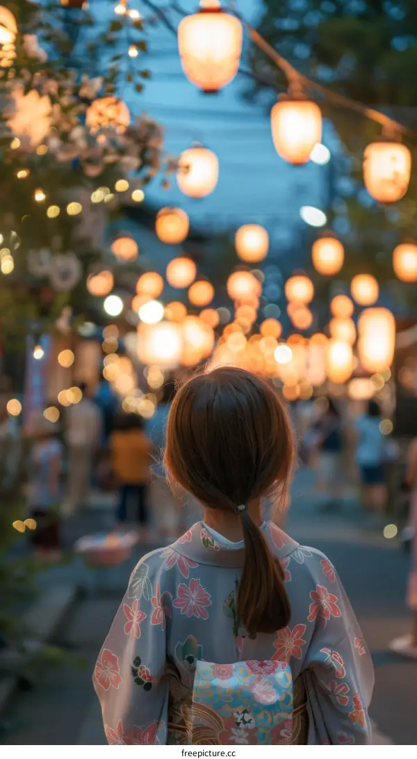A woman in a kimono standing under a row of lanterns