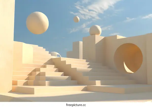 Abstract Minimalist  3D Render of Beige  Geometric Shapes with Spheres