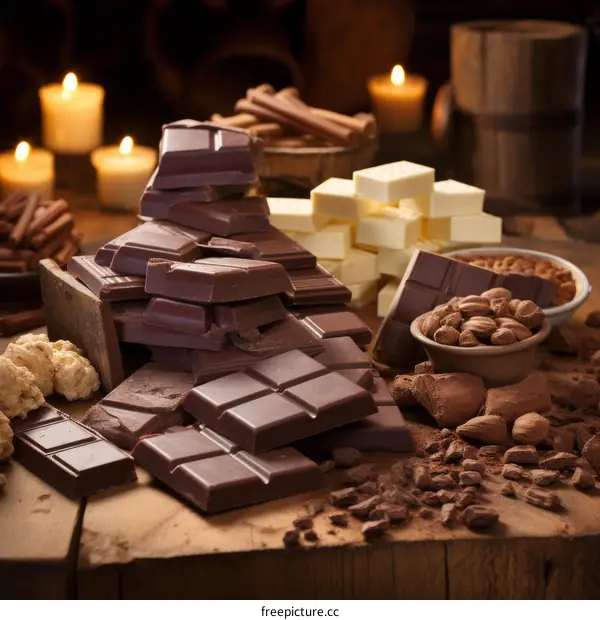 A variety of chocolate bars and pieces with cocoa beans and cocoa powder