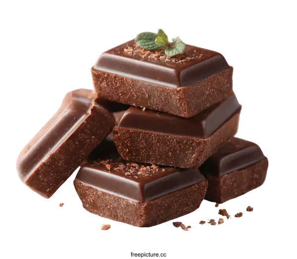 [Transparent Background PNG]Closeup Stacked Dark Chocolate Pieces with Mint
