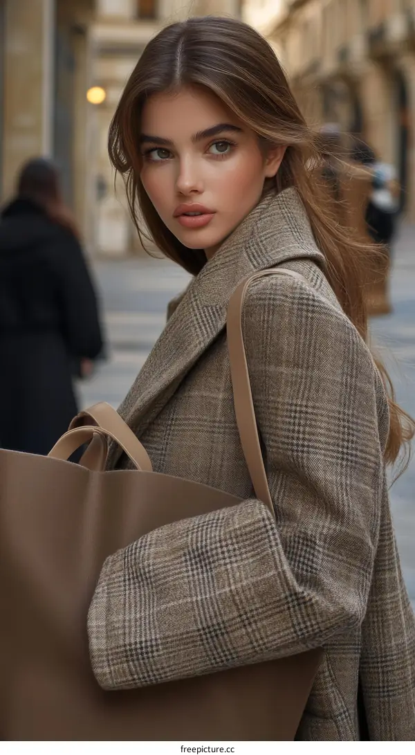 Beautiful Woman in Plaid Outfit with a Bag