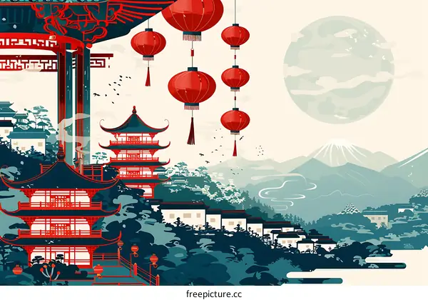 Chinese New Year Celebration with Red Lanterns and Pagoda