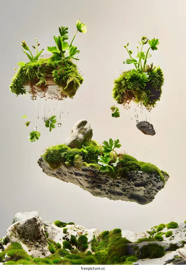 Floating Mossy Rocks With Droplets Of Water