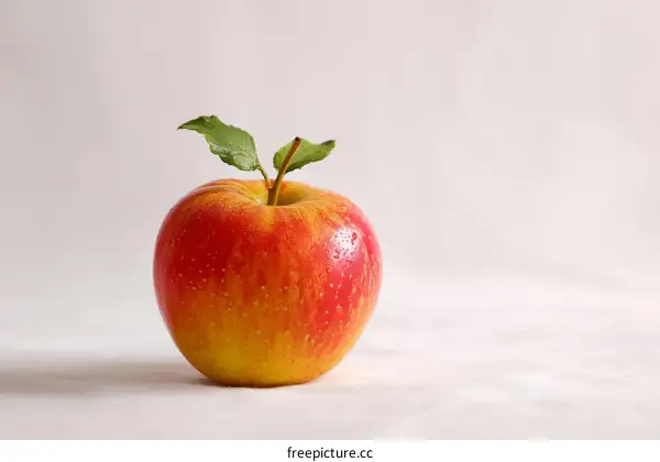 Single Red and Yellow Apple with Leaves