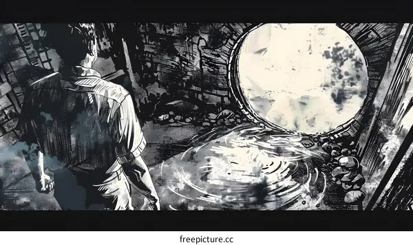 Man Walking Towards a Circular Tunnel Entrance