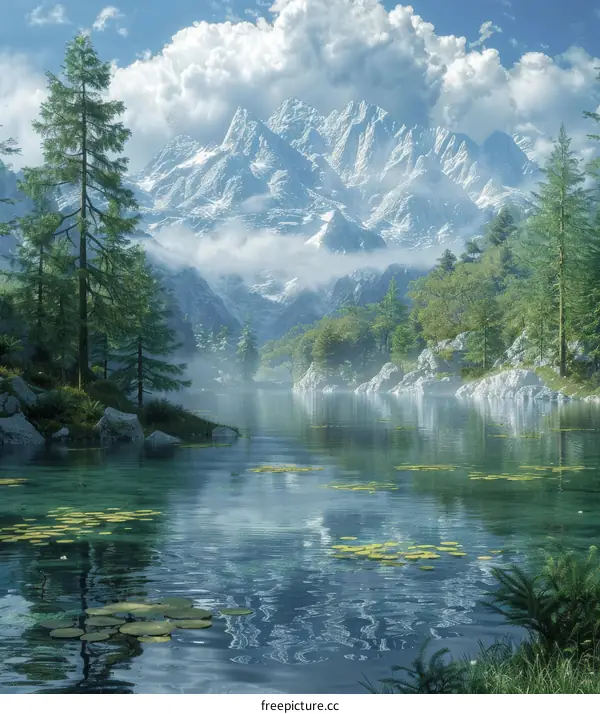 Tranquil Mountain Lake With Fog And Green Trees