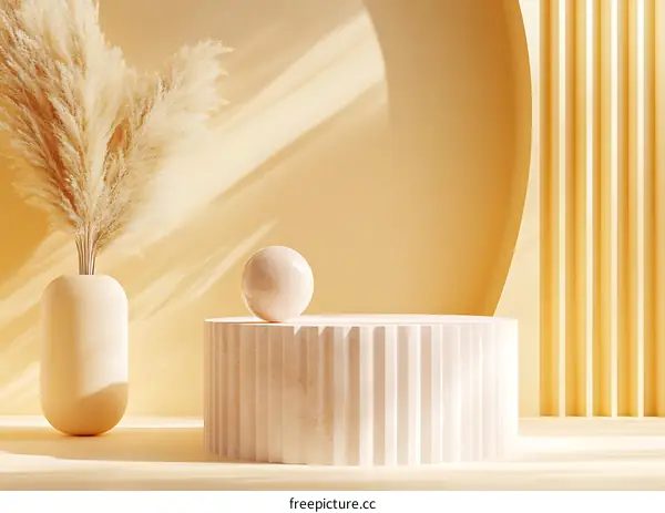 Minimalist Beige Podium with Pampas Grass for Product Display