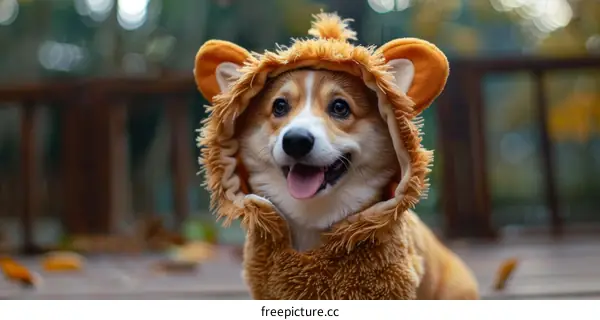 A cute dog wearing a lion costume