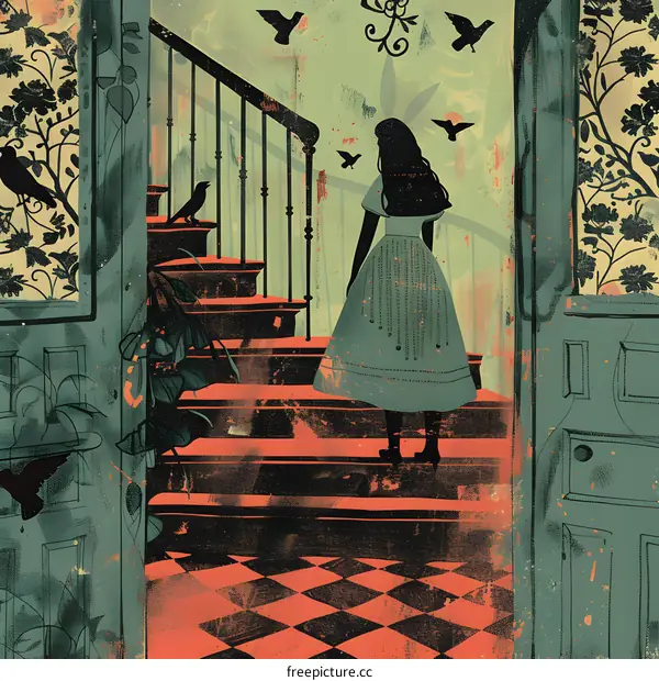 Woman in Dress Walking Up Staircase with Birds
