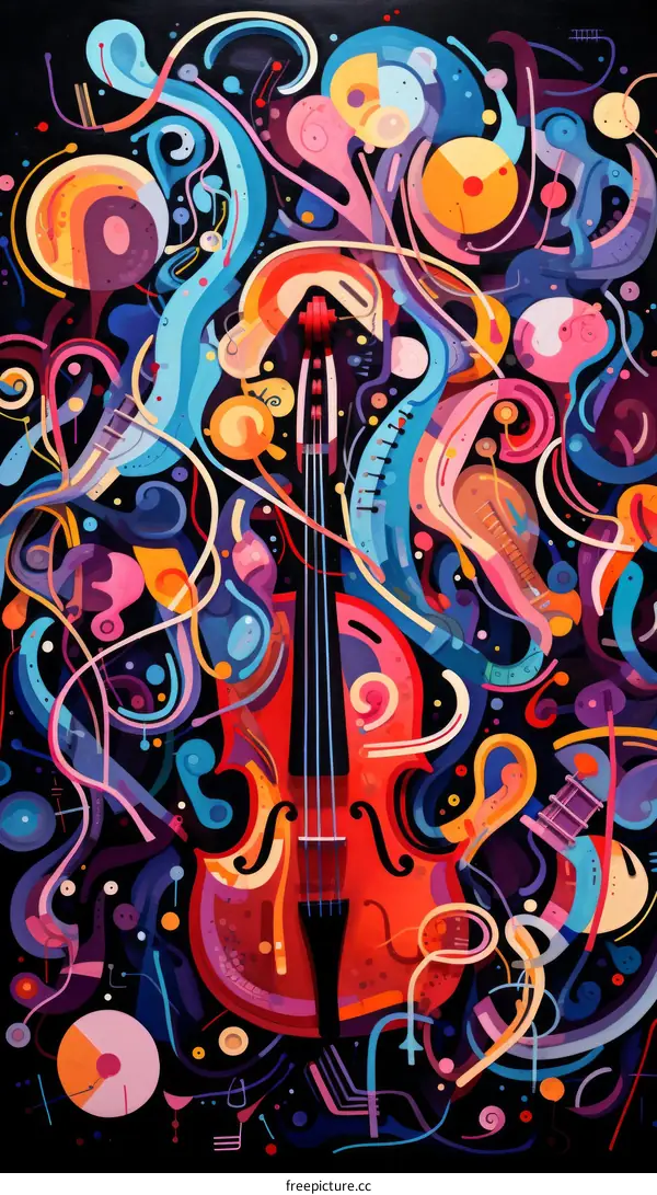 Colorful abstract painting of a violin with flowing lines and shapes