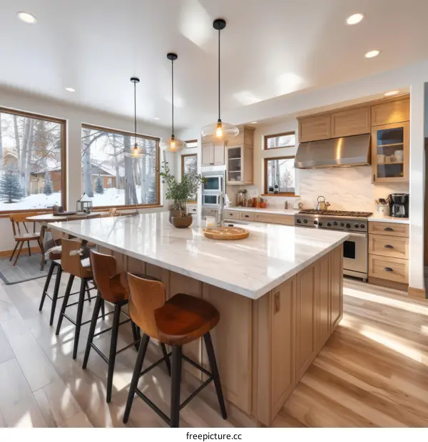 Modern kitchen with large island and stainless steel appliances