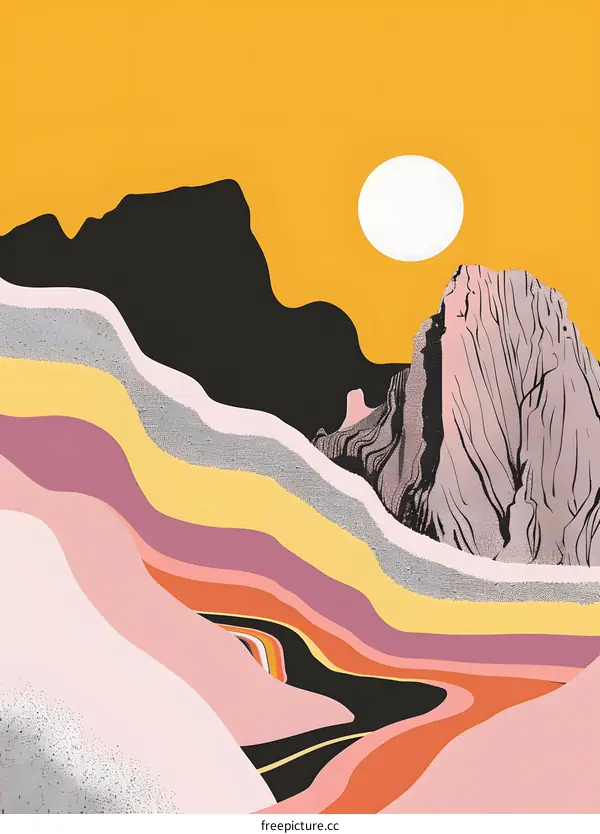 Abstract Mountain Landscape With Sun In Yellow Background