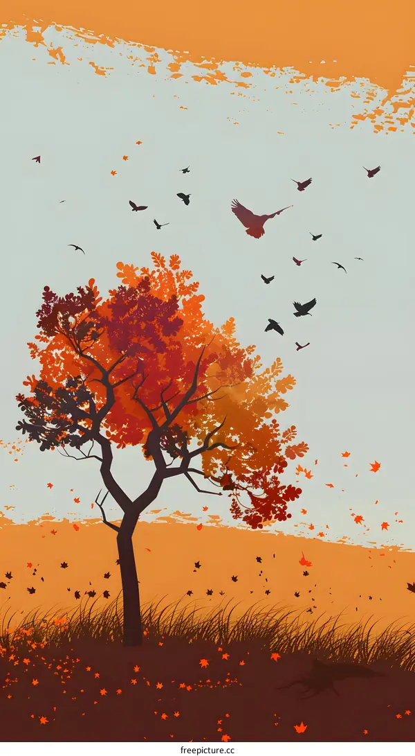 Autumn Tree With Falling Leaves Illustration