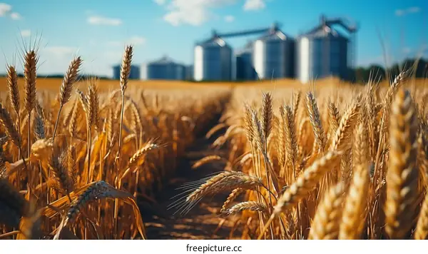 A golden wheat field with grain silos in the distance