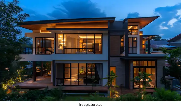 Modern Luxury Villa with Large Windows and a Wooden Deck at Dusk