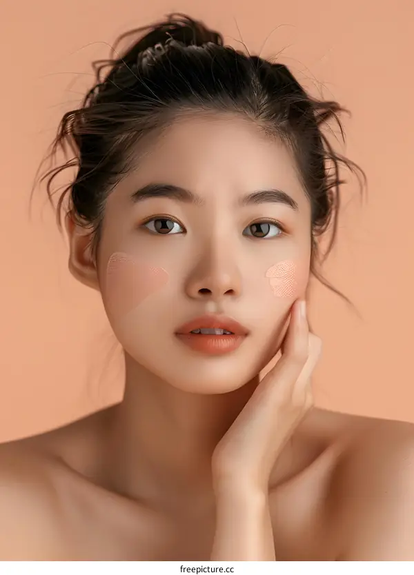 Beautiful Asian Woman with Makeup on Her Face