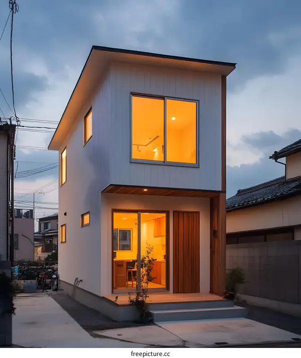 Modern White House with Wooden Accents and Large Windows